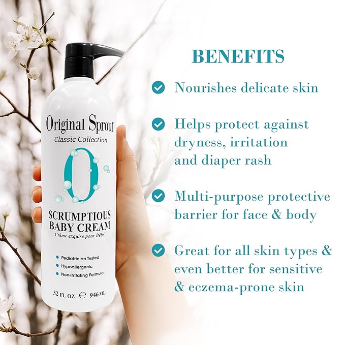 Original Sprout Scrumptious Baby Cream, Gentle Moisturizing Cream for Dry, Sensitive Skin & Diaper Rash, Non-Greasy Baby Lotion with Zinc Oxide & Calendula for Face & Body, 32 fl oz