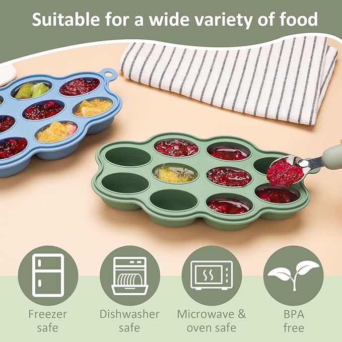 Baby Food Storage Container 2 Pack Silicone Freezer Tray Breast Milk Molds for Homemade Baby Food, Fruit Purees, Vegetable - Keep Your Baby's Meals Fresh and Safe (Matte Blue + Green)