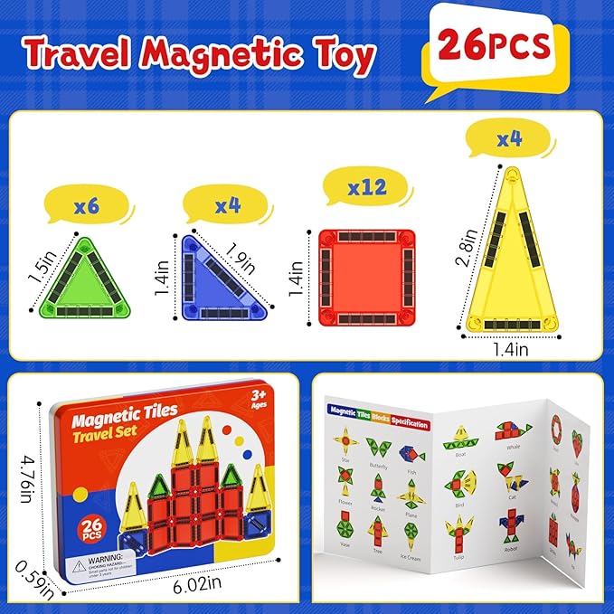 Magnetic Tiles Travel Toys with Storage Case, Portable STEM Building Blocks for 3-8 Year Olds, Toddler Airplane Activities & On-The-Go Birthday Gift for Boys & Girls