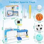Toddler Basketball Hoop with Adjustable Height, 5 in 1 Toddler Sports Activity Center, Basketball Bowling Baseball Soccer Golf Set, Indoor Outdoor Sports Toy for Baby Birthday Present