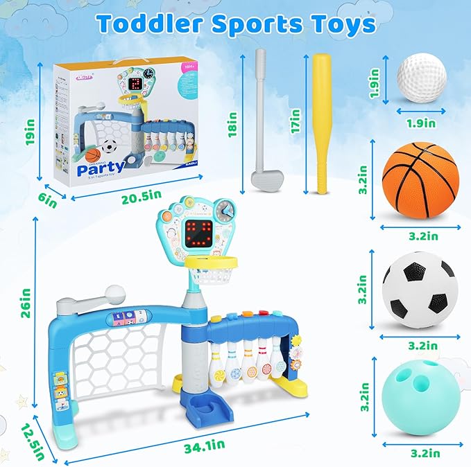 Toddler Basketball Hoop with Adjustable Height, 5 in 1 Toddler Sports Activity Center, Basketball Bowling Baseball Soccer Golf Set, Indoor Outdoor Sports Toy for Baby Birthday Present