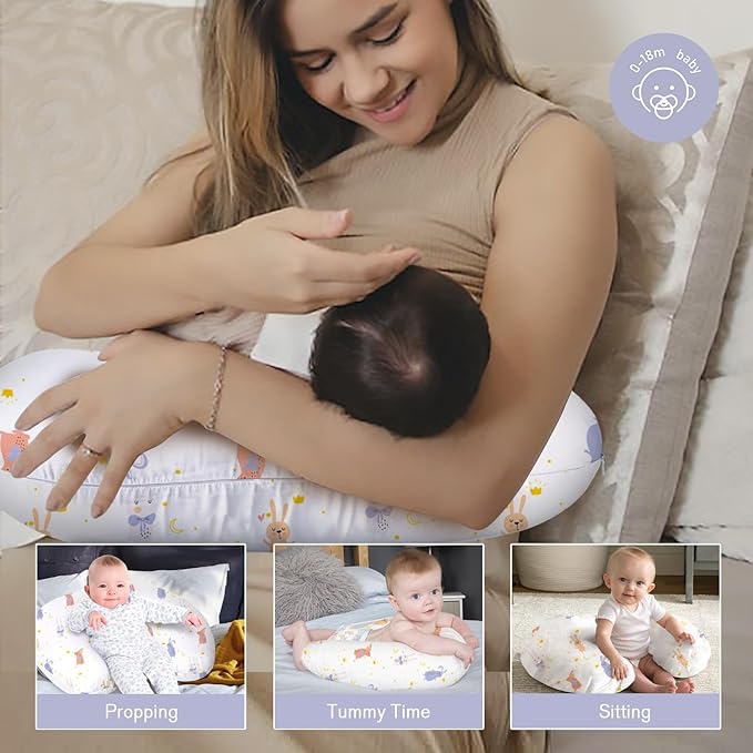 Little Grape Land Nursing Pillow for Infants, Breastfeeding Pillows, Baby Support Pillow for Nursing, Bottle Feeding, Tummy Time with Machine Washable Cover & Breathable Filling (Rabbit)