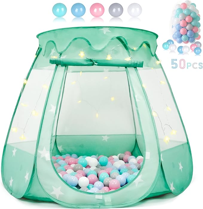 Baby Ball Pit for Toddler with 50 Balls, Pop Up Tent Kids with Star Lights for 1 2 3 Year Old Birthday Gift, 12-18 Months Baby Girl Toys with Carrying Bag, Indoor&Outdoor Play Tent for Kids(Green)