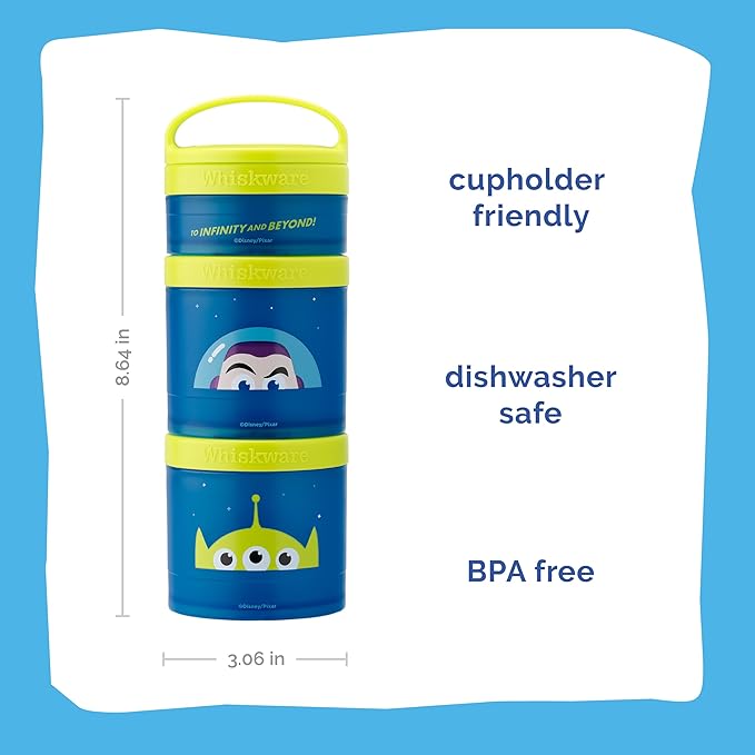 Whiskware Disney Pixar Stackable Polypropylene Snack Containers for Kids and Toddlers, 3 Stackable Snack Cups for School and Travel, Toy Story Buzz Lightyear (Pack of 12)