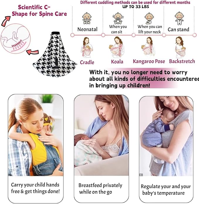 Baby Sling Carrier Adjustable Baby Sling 2025 Upgraded Toddler Sling Comfortable Baby Wrap Carriers Ergonomic-Designed, Travel Friendly Carrying 10-45 Lbs Blackwhite