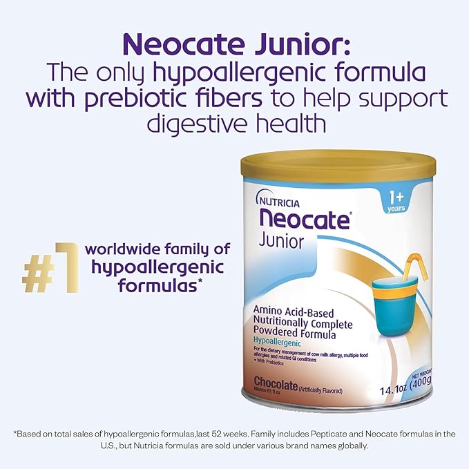 Nutricia Neocate Junior - Hypoallergenic, Dairy-free, Amino Acid-Based Formula for 1+ Years - For Toddlers, Kids & Teens - Powdered Formula - Chocolate - 14.1 oz can (Case of 1)