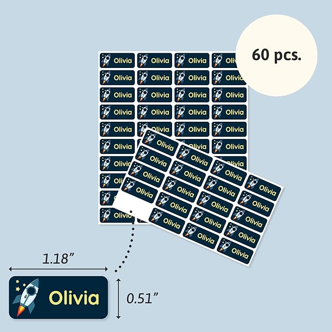 Personalized Name Labels for Kids (60) – Custom Waterproof & Durable Stickers for Clothing, Daycare, Office & School Supplies - Space