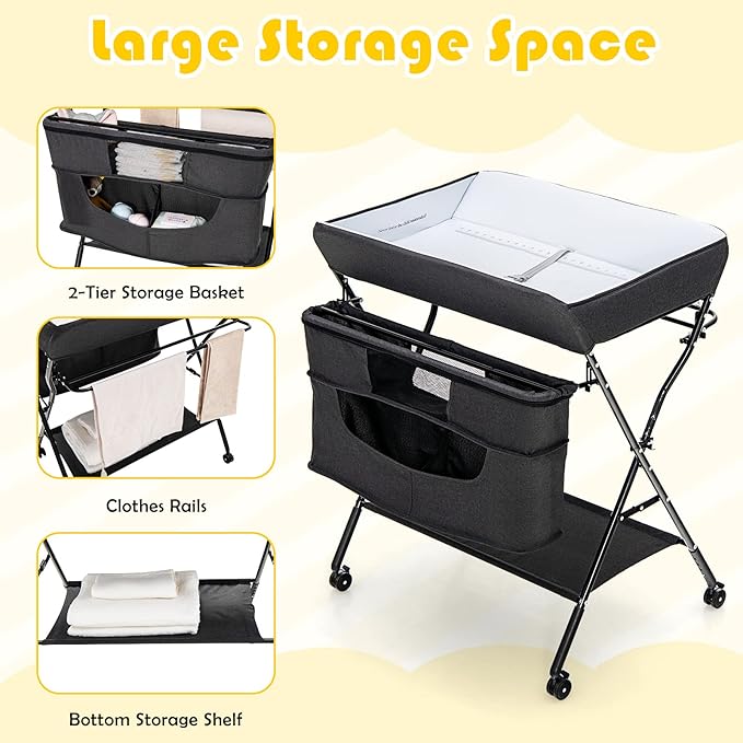 Costzon Baby Changing Table, Adjustable Height Portable Diaper Station w/Lockable Wheels, Safety Belt, Large Storage Rack & Bag, Folding Nursery Station for Infant Newborn (Black)
