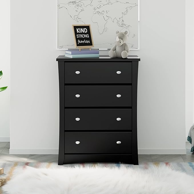 Storkcraft Crescent 4 Drawer Chest (Black) – GREENGUARD Gold Certified, Easy-to-Match Chest of Drawers for Nursery and Kids Bedroom, Dresser Organizer for Children’s Bedroom