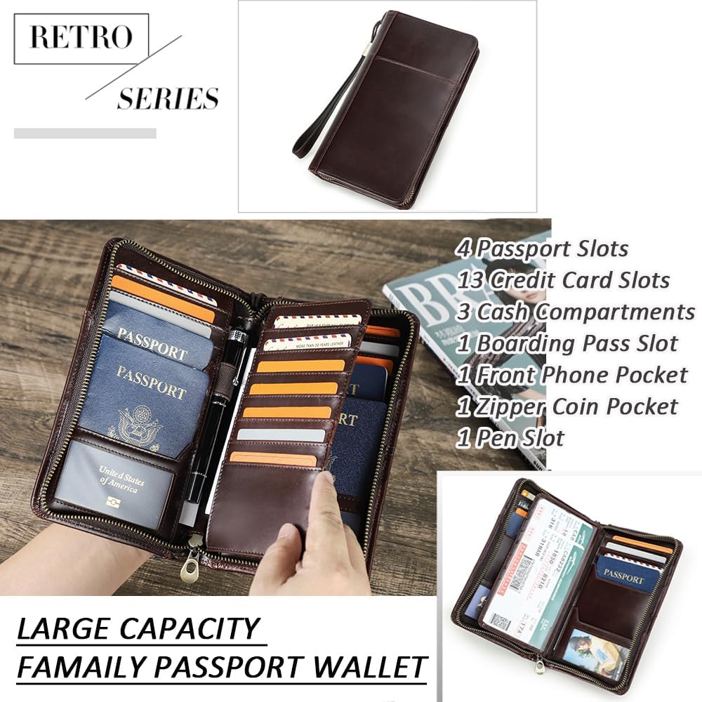 CONTACTS Travel Passport Wallet for Men Leather Family Passport Holder Travel Clutch Wallet Zipper Wrist Card Purse RFID Blocking with 13 Card Slot Fit up 4 Passports