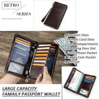 CONTACTS Travel Passport Wallet for Men Leather Family Passport Holder Travel Clutch Wallet Zipper Wrist Card Purse RFID Blocking with 13 Card Slot Fit up 4 Passports