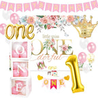 First Birthday Decorations Girl - 1st Birthday Baby Girl Decorations Include Balloons Box, Backdrop, Crown, Banner, High Chair Banner, Topper, Baby First One Year Old Girl Party Supplies