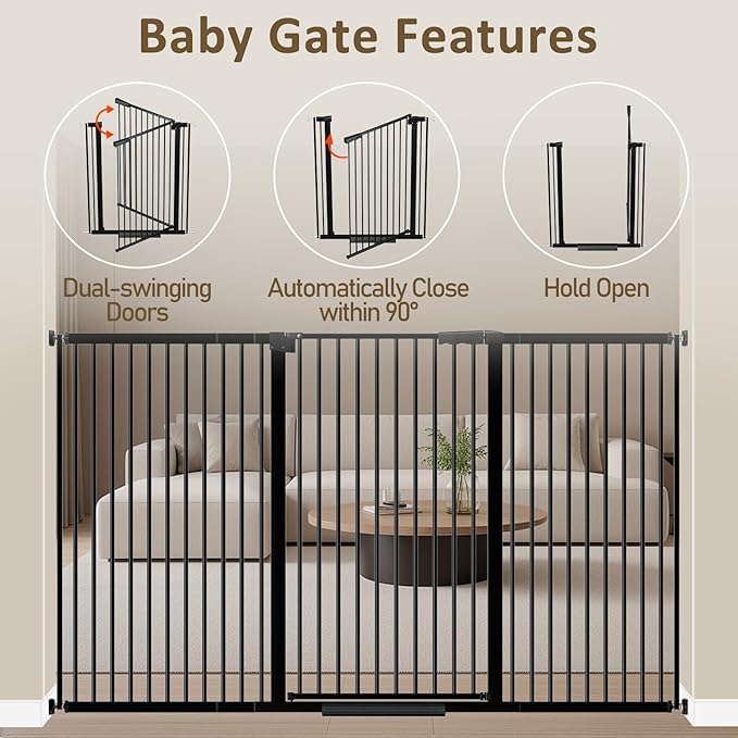 WAOWAO 40.55" Extra Tall 1.37" Ultra Narrow Spacing 69.49-77.36" Extra Wide Dogs Pets Baby Gate Safety Indoor Puppy Pressure Mounted Gate No Drill Black Metal for Stairs,Doorways,Kitchen,Hallway