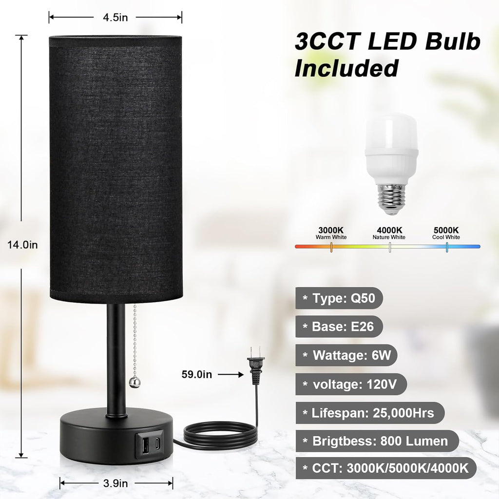 Black Bedside Lamp for Bedroom Nightstand - Small Table Lamp with USB A + C Charging Port, 3 Color Temperatures Pull Chain Night Stand Light with Bulb， Side Table Desk Reading Lamp for Living Room
