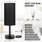 Black Bedside Lamp for Bedroom Nightstand - Small Table Lamp with USB A + C Charging Port, 3 Color Temperatures Pull Chain Night Stand Light with Bulb， Side Table Desk Reading Lamp for Living Room