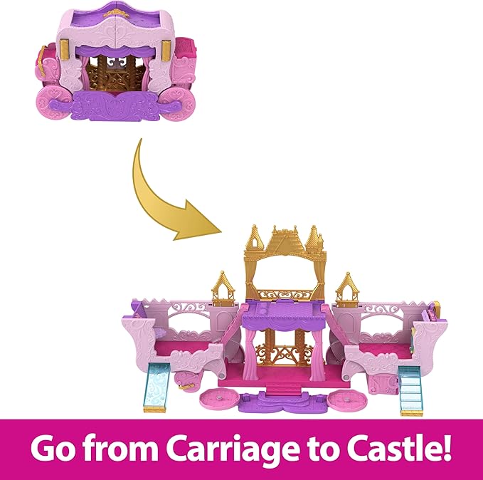 Mattel Disney Princess Toys, Carriage to Castle Transforming Playset with Aurora Small Doll, 4 Figures, Furniture & Accessories