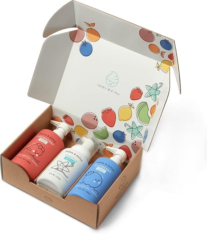 Dabble & Dollop USA Bundle, 3-in-1 Natural Bubble Bath, Body Wash & Shampoo for Kids, Paraben & Sulfate Free, Vegan, Tear-Free, Strawberry, Vanilla & Blueberry (Set of 3)