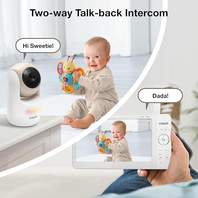 VTech Video Baby Monitor with 7" Color LCD Screen, Rechargeable Battery, Video Streaming, Audio Streaming, Pan-Tilt-Zoom, Touch Multi-Color Night Light, Two-Way Talk, Long Range: Advanced Max Tan
