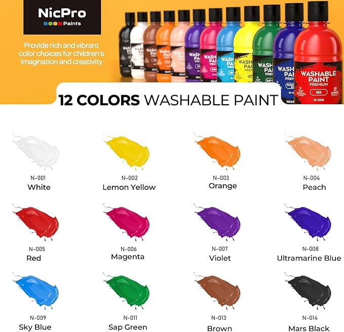 Nicpro 12 Colors Large Washable Paint Set for Kid (16.9oz,500 ml), Acrylic Bulk Paint Supplies Non Toxic Children Tempera Paint for Art, Craft DIY, Poster & Finger Paint, School, Home,Classroom, Party