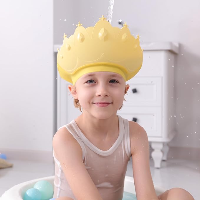 Baby Shower Cap Shield, Baby bath set shower cap, Visor Hat for Eye and Ear Protection for 0-9 Years Old Children,Cute Crown Shape Makes the Baby Bath More Fun (Yellow)
