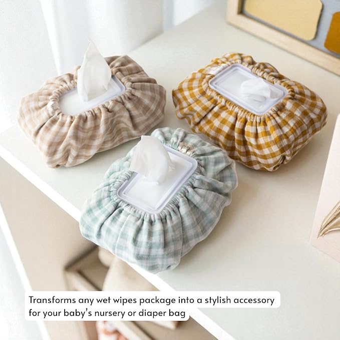 Baby Wipes Cover – Universal Size, One Size Fits All Wipes Packages | Muslin Cotton Tissue Cover for Nursery, Diaper Bag & Changing Table, Station | Gingham & Neutral Patterns (3-Gingham Mint)