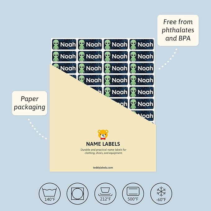 Personalized Name Labels for Kids (120) – Custom Waterproof & Durable Stickers for Clothing, Daycare, Office & School Supplies - Space