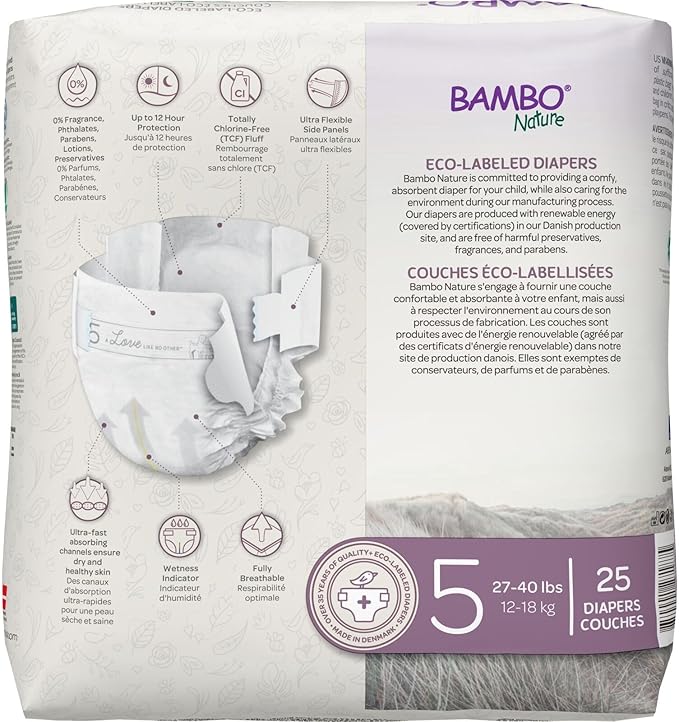 Bambo Nature Hypoallergenic Dream Baby Diapers, Premium Eco-Labeled Sustainable Diapers, Enhanced Leakage Protection, Totally Chlorine-free, Skin Friendly, and Super Absorbent - Size 5 (300 Count)