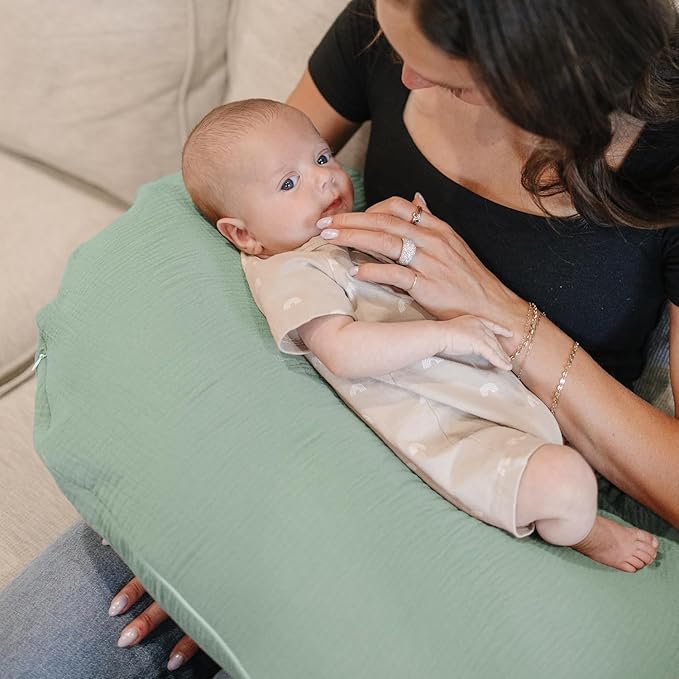 Konssy 2-Pack Muslin Nursing Pillow Covers, Soft & Adorable Nursing Covers for Breastfeeding Pillows, Slipcovers for Newborn Boys & Girls(Cream, Green)