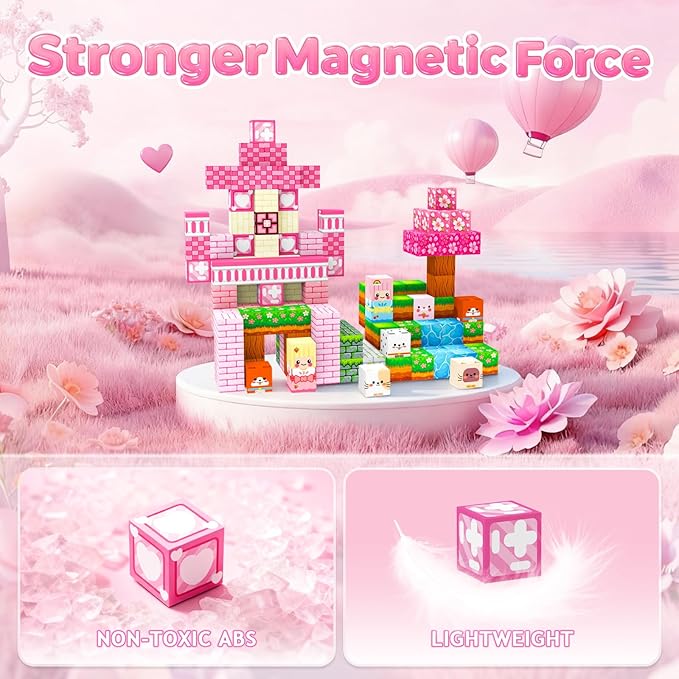 Magnetic Building Blocks, STEM Toys Educational Magnet Cubes for Kids Ages 4-12 (Pink Castle-150pcs)