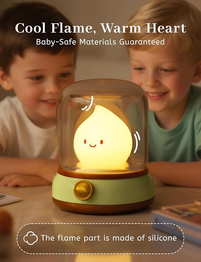Smiley Night Light for Baby Nursery, Rechargeable Stepless Dimming Small Night Stand Lamps, Cute Forest Green Vintage Lamp Decor Essentials for New Mom, Kids, Baby, Toddler