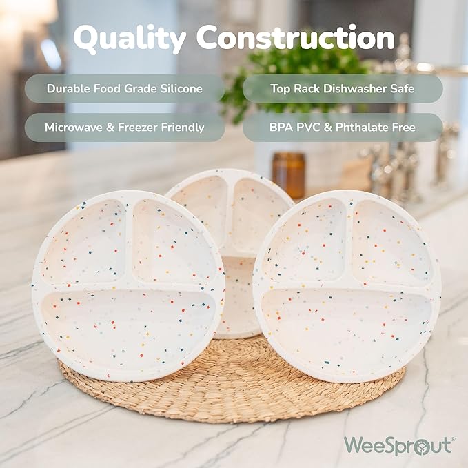 WeeSprout Suction Plates for Babies & Toddlers - 100% Silicone, Dinnerware Stays Put, Divided Design for Picky Eaters, Microwave & Dishwasher Friendly, 3 Pack
