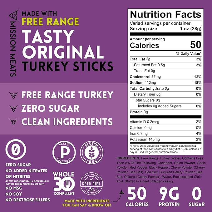 Mission Meats Turkey Sticks, 100% Free Range Turkey Jerky, Zero Sugar, Delicious Healthy Snacks, 9g Protein, Individually Wrapped, Gluten Free, Original 1oz (24ct)