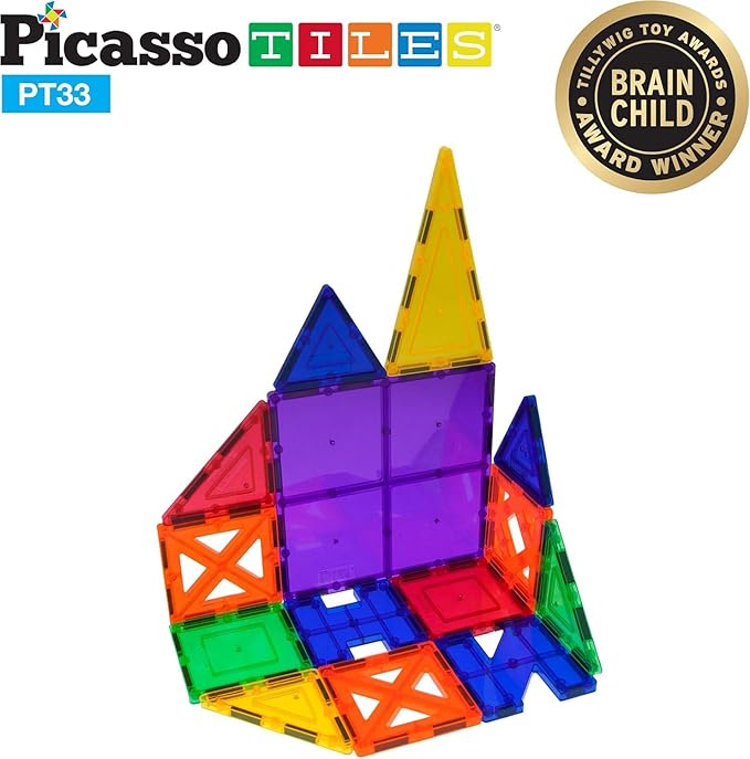 PicassoTiles Educational Set Magnetic Building Tiles with Unique Shapes & Clear Box Tile 3D Magnet Construction Block Different Shapes Connects with Other Figure for Boys & Girls Ages 3+