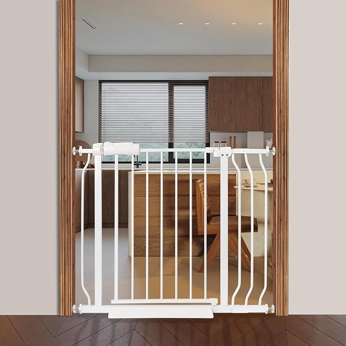 Baby Gate for Stairs No Drill 33.86-38.58 Inch,Pressure Mounted Metal Child Safety Dog Gates for Doorways,Walk Through Pet Gate Indoor Auto Close,White