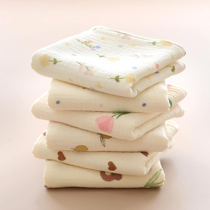 MUKIN Baby Muslin Washcloths and Burp Cloths, Floral Pattern Cotton Face Towels, Burping Cloths for Newborn,6-Pack,10x20 inches
