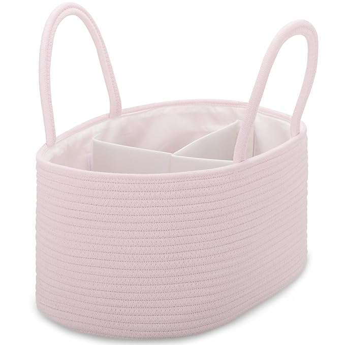 COMSE Large Baby Diaper Caddy Organizer for Girl Boy, Car Caddy with Handles, Cotton Rope Basket for Changing Table, Nursery Organizer, Gift for Baby Shower and Registry Must Have, Light pink