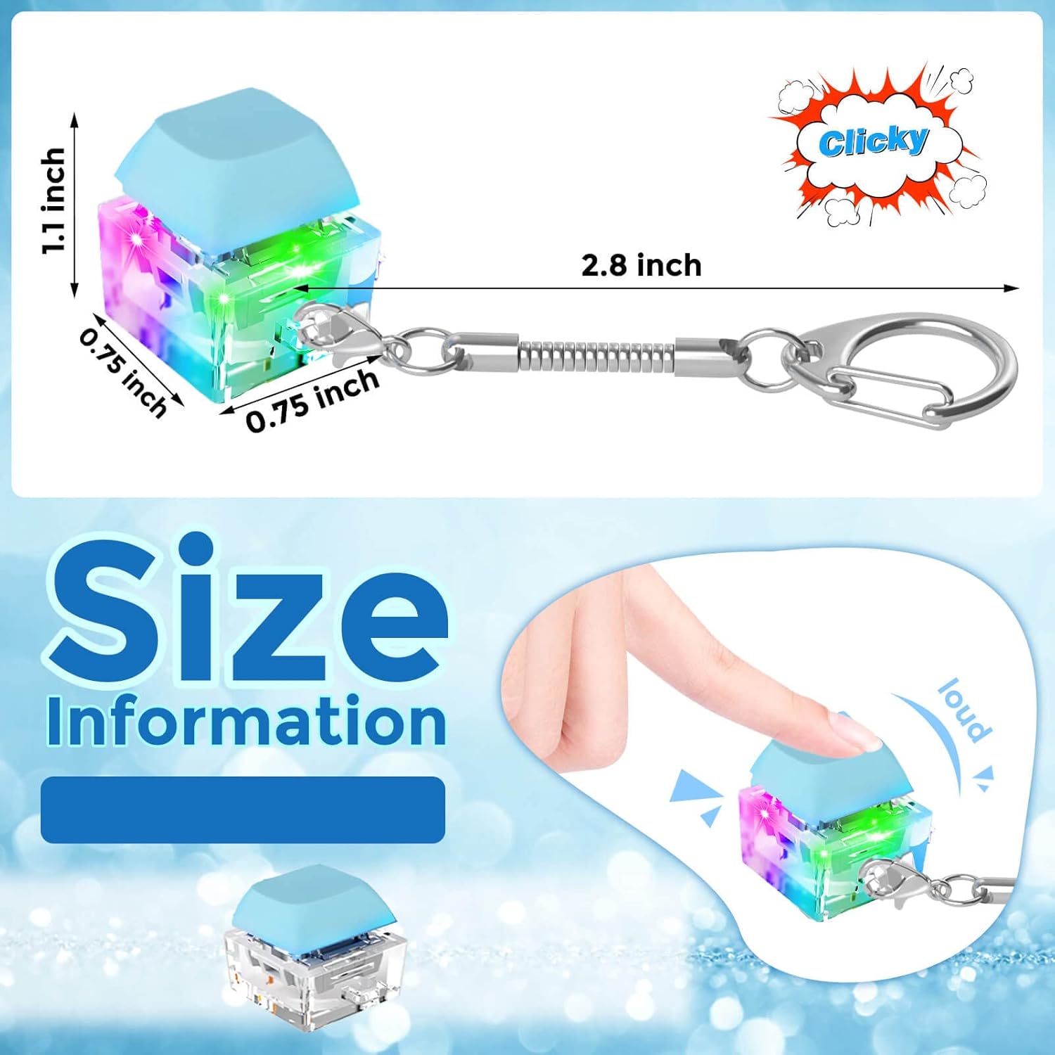 Keyboard Fidget Toys, Keyboard Fidget Keychain Keyboard Decompression Toys Keyboard Fidget Toy Button Stress Relief Gifts for Adult and Kids,Finger Clicker Toys,ADHD Toy,Cool Fidgets(LED Light-Blue)