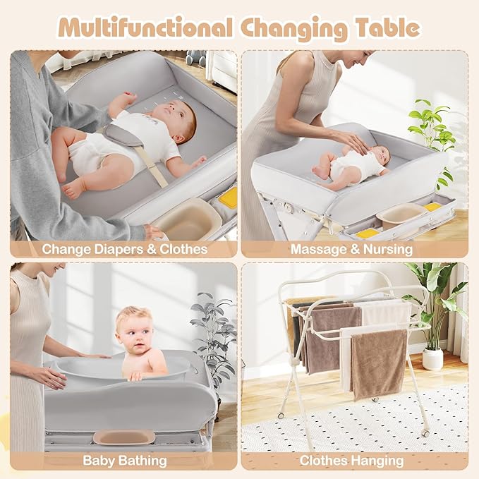 INFANS Baby Changing Table with Wheels, Portable Folding Diaper Station Nursery Organizer with Storage Basket, Hanging Rack, Adjustable Height, Safety Belt for Newborn Infant (Light Gray)