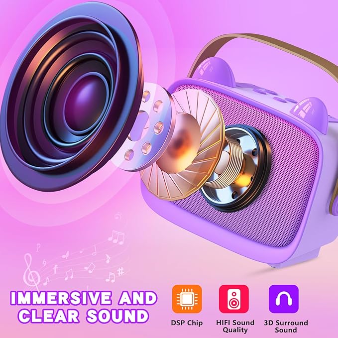 Mgaolo Upgraded Mini Karaoke Machine Toy for Kids, Portable Bluetooth Speaker with 2 Wireless Mics, Emoji & Colorful LED Lights, Home Travel & Party Play Gifts for Boys Girls (Purple)