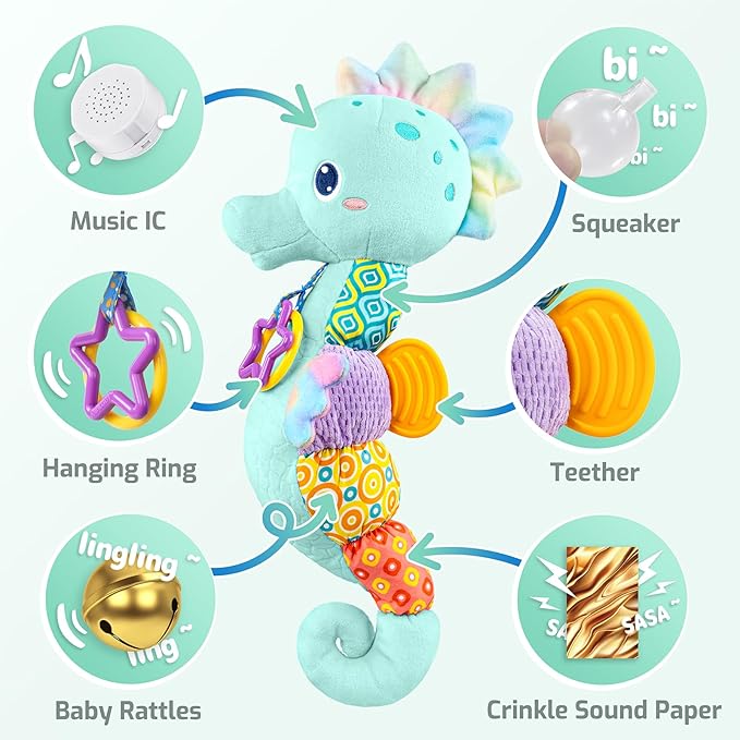 Sumobaby Infant Baby Musical Stuffed Animal Activity Soft Toys with Multi-Sensory Crinkle, Rattle and Textures, for Tummy Time Newborn 0-3-6-12 Months Boys, Girls, Seahorses, Blue
