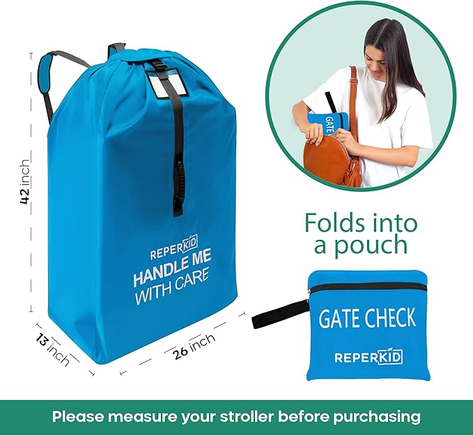 reperkid Medium Stroller Bag for Airplane Travel, Blue, 42" H x26 W x13 D, Fits Most Single Strollers Including Jogging & Standard Models – Premium Waterproof Cover, Adjustable Shoulder Straps