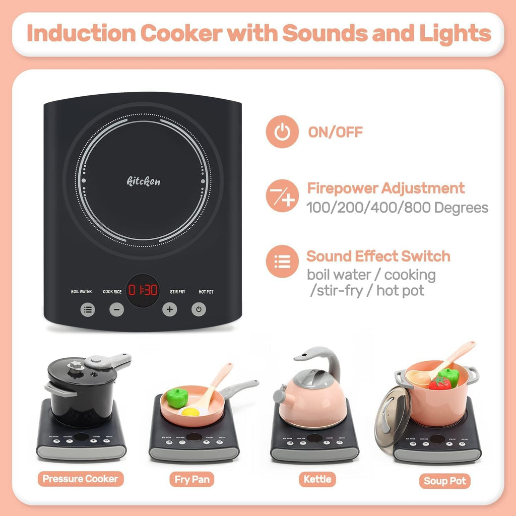 CUTE STONE Play Kitchen Accessories Set, Kids Cooking Toys Set with Play Pots and Pans, Electronic Induction Cooktop with Sound and Light, Cookware Utensils Kids Kitchen Set Kitchen Toys for Kids