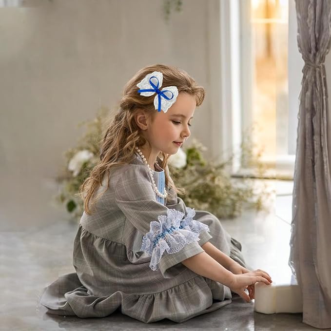 2pcs Blue Hair Bows for Girls, White Lace Bow with Blue Ribbon, Alligator Bow Hair Clips, Handmade Hair Accessories for little Girls
