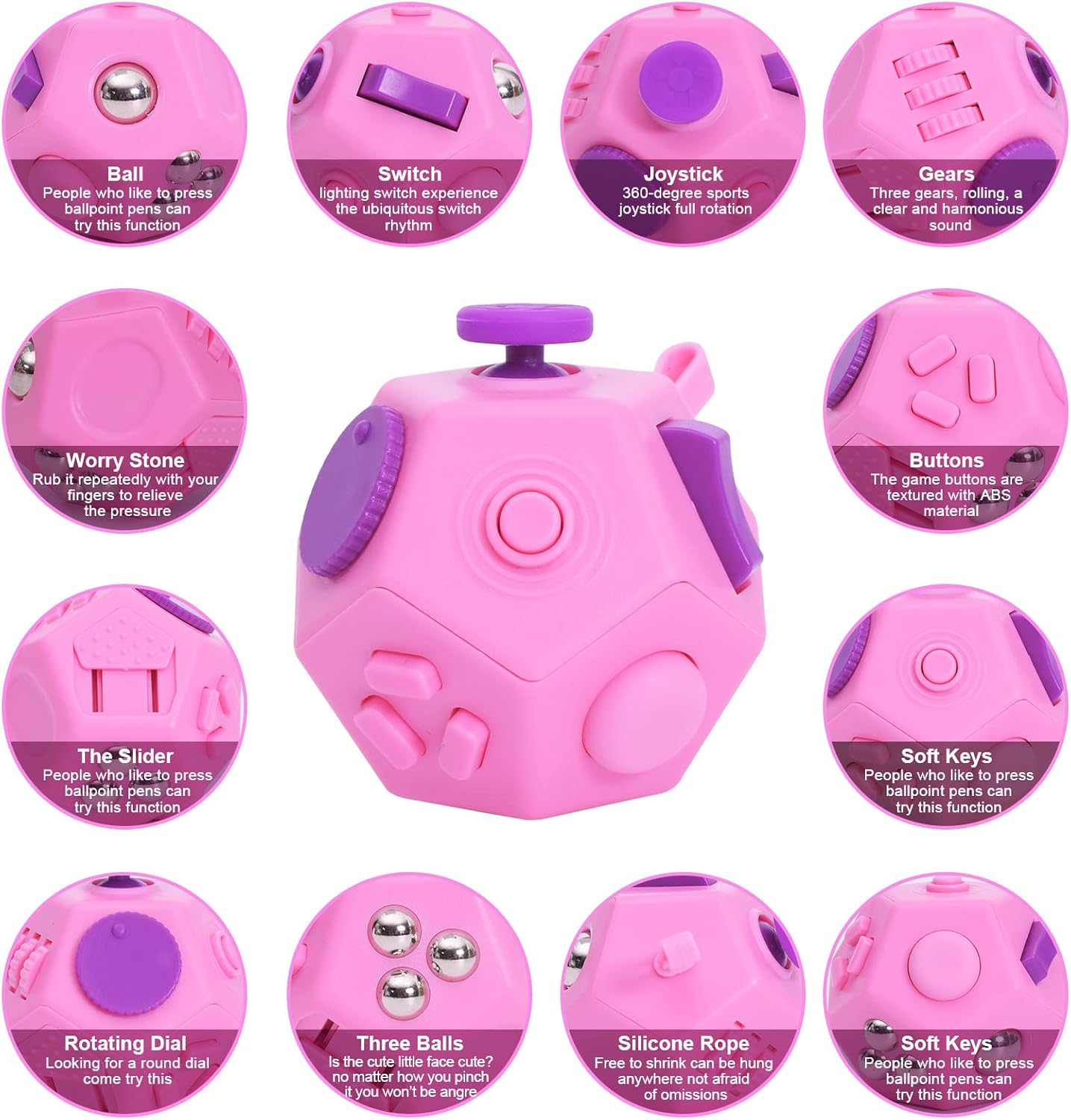 Small Fidget Toys,Mini Finger Cube,12 Sided Cube Toys Relief Stress and Anxiety Depression Anti for Girls Kids Adults (Pink)