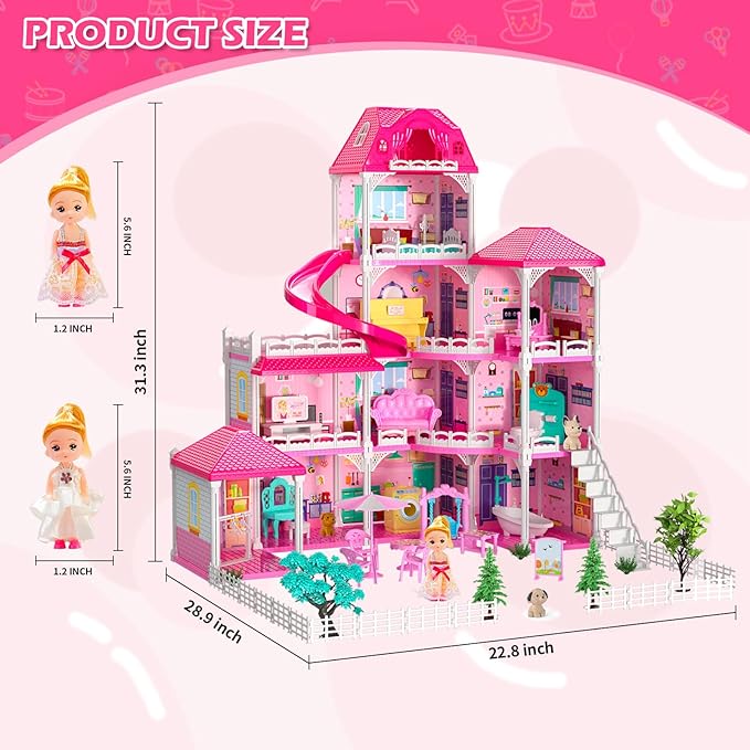 DIY Dolls House for Girls - 4-Level 10-Room Villa with 2 Dolls, 4 Dogs & Rich Accessories, DollsHouse Toys for Kids 4-8 Years Old