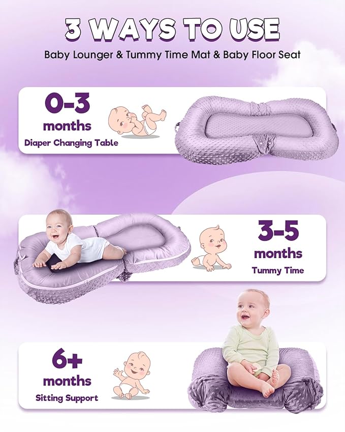 Baby Lounger Pillow 3-in-1 Infant Lounger Pillow for Newborn 0-24 Months, Portable Tummy Time Mat for Home and Travel, Breathable & Soft Baby Seat for Baby