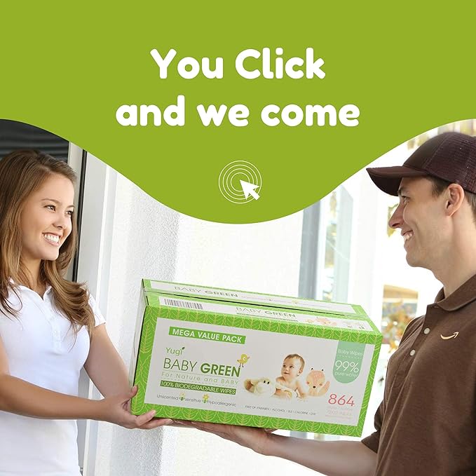 Yugi Green Baby Wipes for Babies Unscented, Compostable, Biodegradable, Plant-Based, Fragrance-Free, for Sensitive Skin, 12 Packs,72 Count,864 wipes