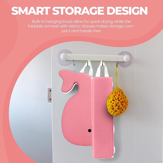 Whale Baby Bath Kneeler and Elbow Rest Set – Extra Thick Padded Cushion – Waterproof Non-Slip Mat with Storage Pockets – Bathtime Safety – Baby Shower or Registry Gift for Moms and Dads (Pink)