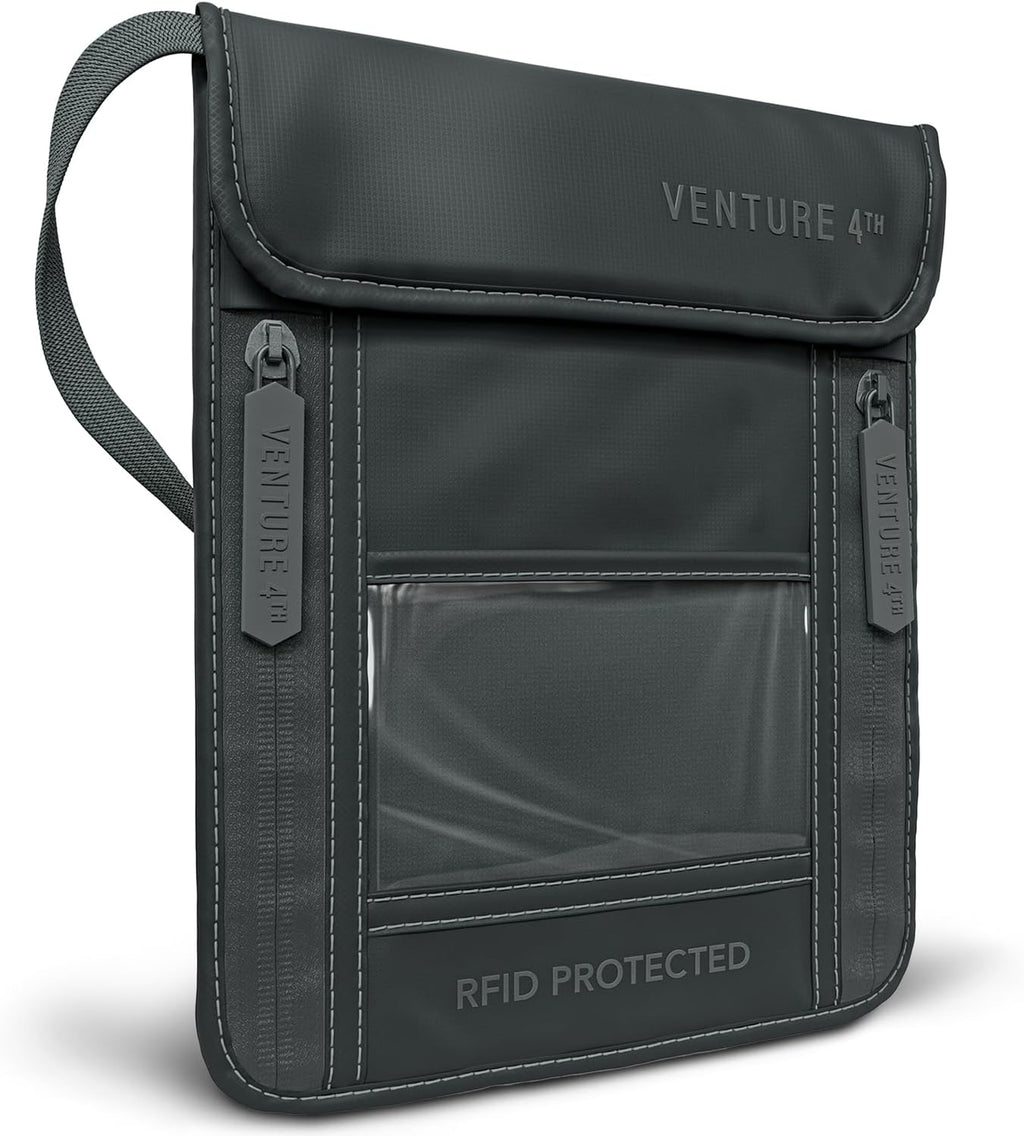 VENTURE 4TH Passport Holder Neck Wallet with RFID Blocking Nylon Lining - Hidden Neck Pouch for Travel (Sleek Gray)