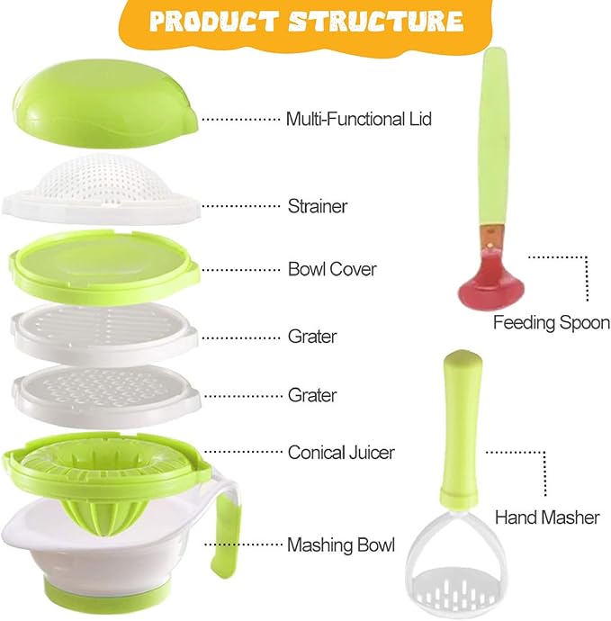 Baby Steamers and Blender 1 Set Baby Food Maker, Food-Grade Mill with Mash Bowl, Hand Masher, Citrus Juicer, Grater, Fruits and Vegetables Infant Puree Maker